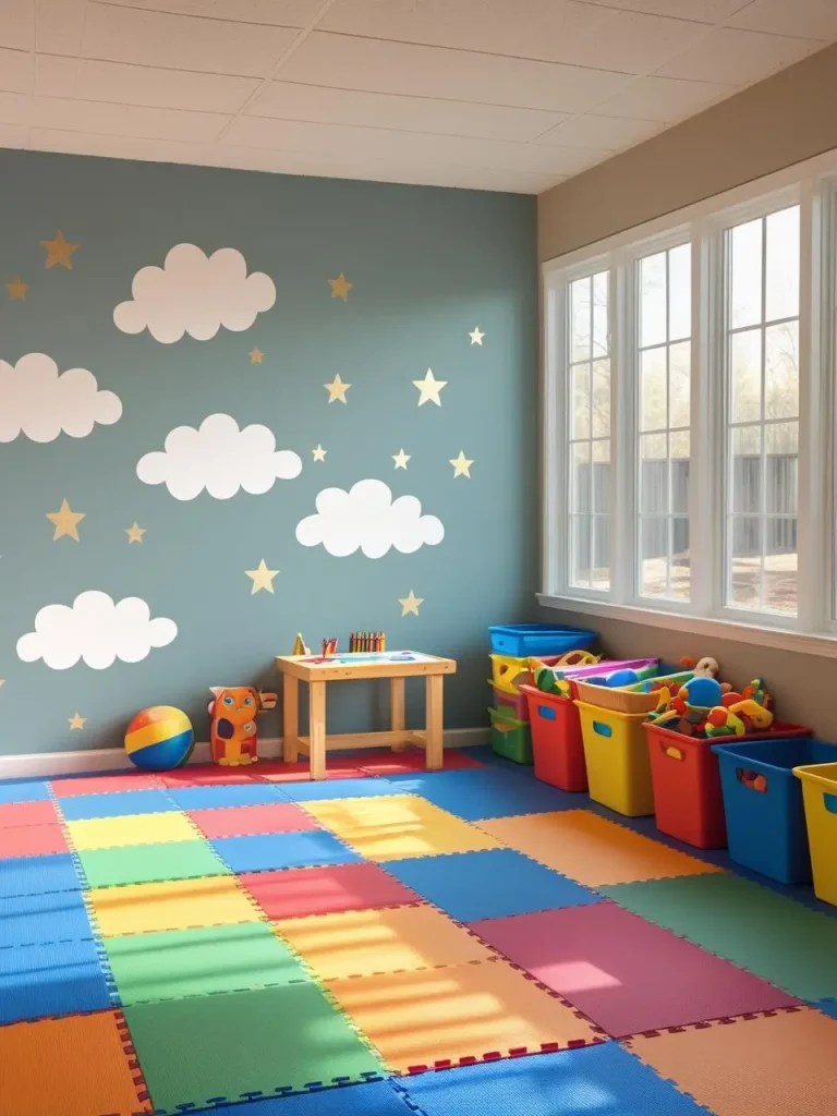 Bright and cheerful basement kids’ play zone with foam puzzle mats in primary colors, a small art table with crayons, wall decals of clouds and stars, toy bins neatly stacked along one wall, and large floor-to-ceil.