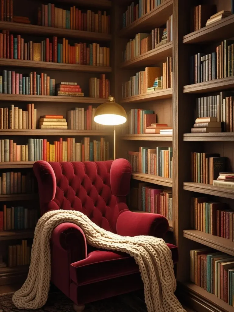 A peaceful reading nook with a floor-to-ceiling built-in bookshelf filled with colorful books, a deep armchair in soft velvet, a cozy knitted throw, and a brass floor lamp casting gentle warm light.