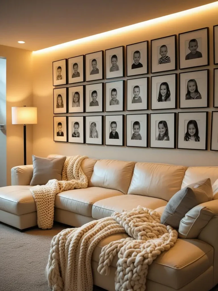 Warm basement seating area with a large gallery wall filled with black-and-white family photos in matching frames, soft cream sectional sofa, knit throw blankets, floor lamp with a linen shade, and subtle wall-moun.