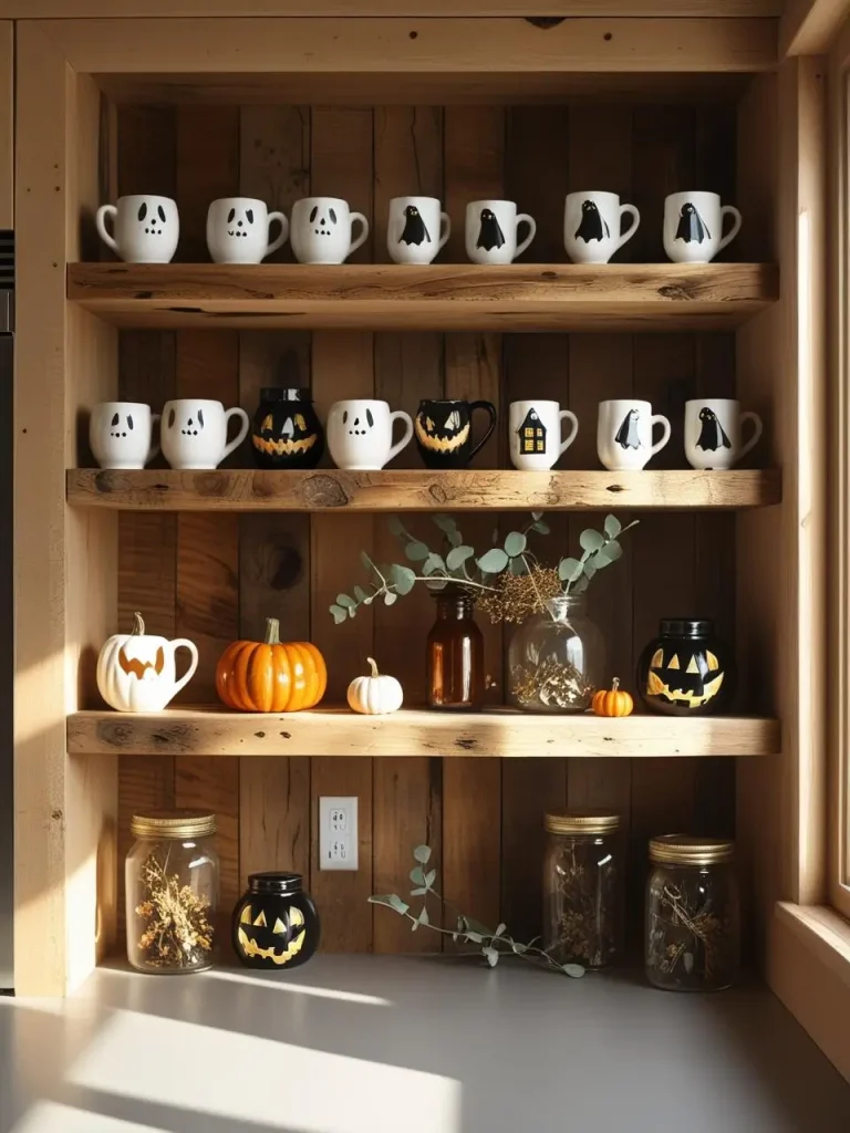 Open reclaimed-wood kitchen shelves lined with ceramic mugs featuring ghost, black cat, and haunted house designs, paired with tiny ceramic pumpkins, amber glass jars, and eucalyptus sprigs, illuminated by natural.