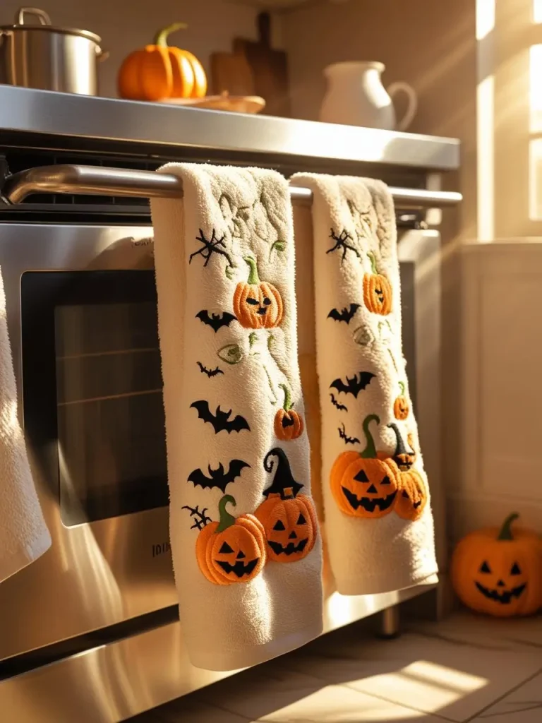 A cozy kitchen scene with a stainless steel oven handle draped in plush cotton towels featuring hand-embroidered pumpkins, bats, and spooky silhouettes, textures visible, sunlit through a nearby window casting.