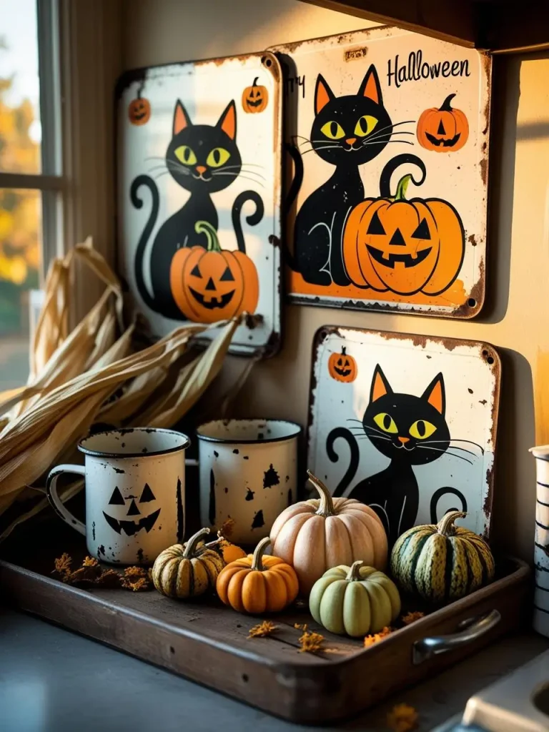 A nostalgic kitchen corner styled with weathered tin signs featuring retro Halloween illustrations, enamel mugs with faded pumpkin prints, an aged wooden tray holding dried corn husks and small gourds, all bathed.
