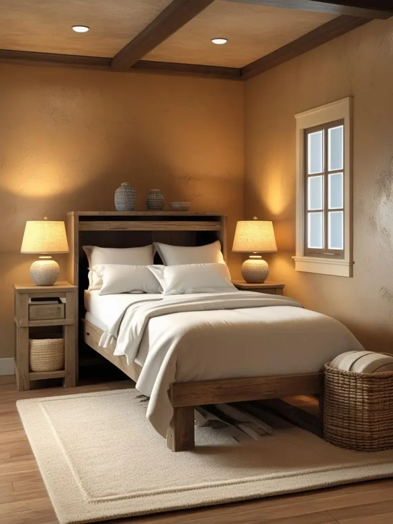 Inviting basement guest nook with a fold-down Murphy bed dressed in crisp white linens, wooden side tables with ceramic lamps, woven basket for storage, textured beige walls, and a soft area rug, with warm, gentle.
