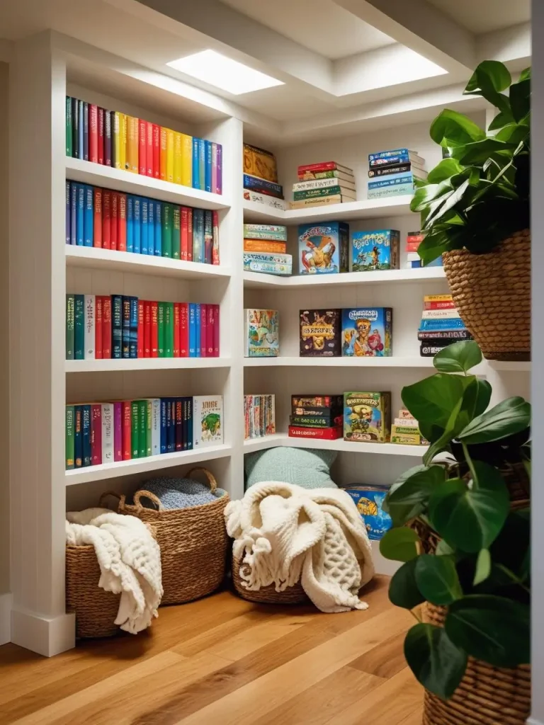 Basement corner with custom-built white wooden shelving units, neatly arranged with colorful books, board games, woven baskets, and decorative plants, natural wood flooring, bright overhead recessed lighting.