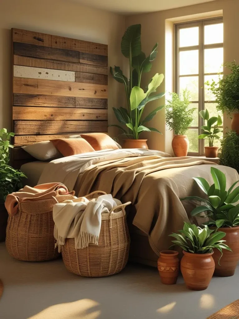 Basement bedroom furnished with a reclaimed wood headboard, rattan storage baskets, and lush potted plants in ceramic pots; earthy color palette of soft browns and greens; natural sunlight simulated with warm artif.