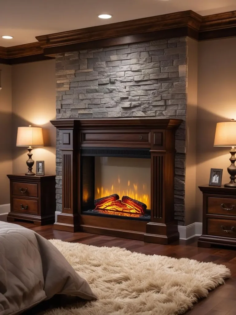 Finished basement bedroom featuring an elegant electric fireplace with a glowing flame effect, surrounded by rustic wood trim and a stone accent wall; soft shag rug in front of the hearth; warm lighting from both.