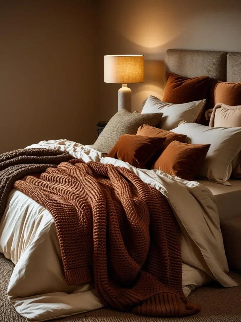 Luxurious basement bedroom bed styled with multiple layers of bedding, including breathable cotton sheets, a chunky knit throw, textured blankets, and plush cushions in warm earthy tones; soft ambient table lamp