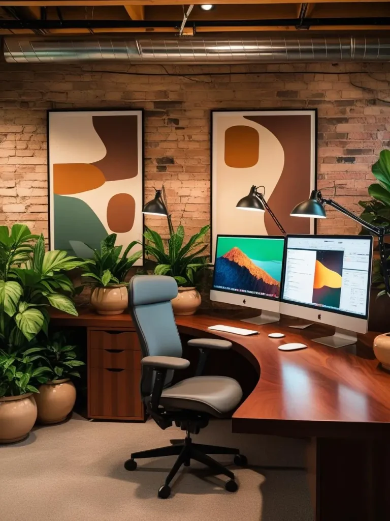 A modern, productive basement office with a wide walnut desk, ergonomic chair, dual computer monitors, and potted plants for a fresh touch. Large framed art pieces hang on the wall, and a desk lamp casts a focused.