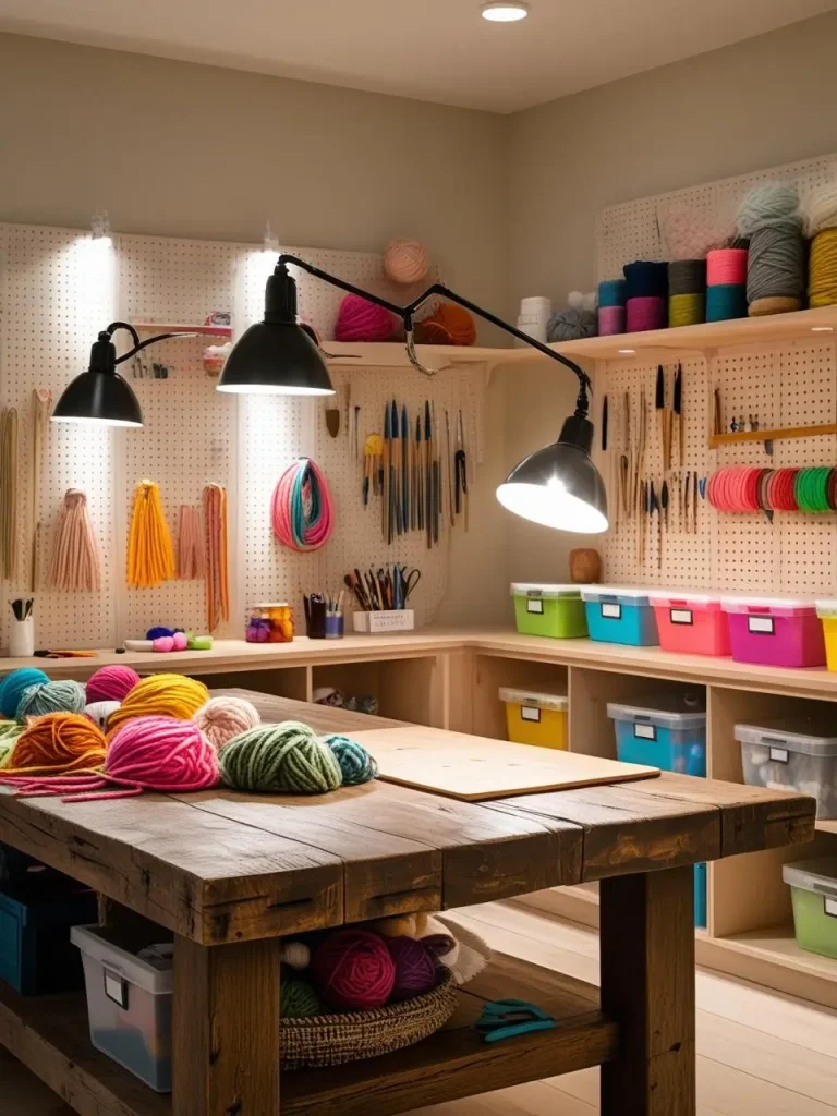 An organized craft space with a large central wooden worktable, pegboards holding colorful supplies, bright daylight task lamps, and labeled storage bins on open shelves. The atmosphere is creative and inviting.
