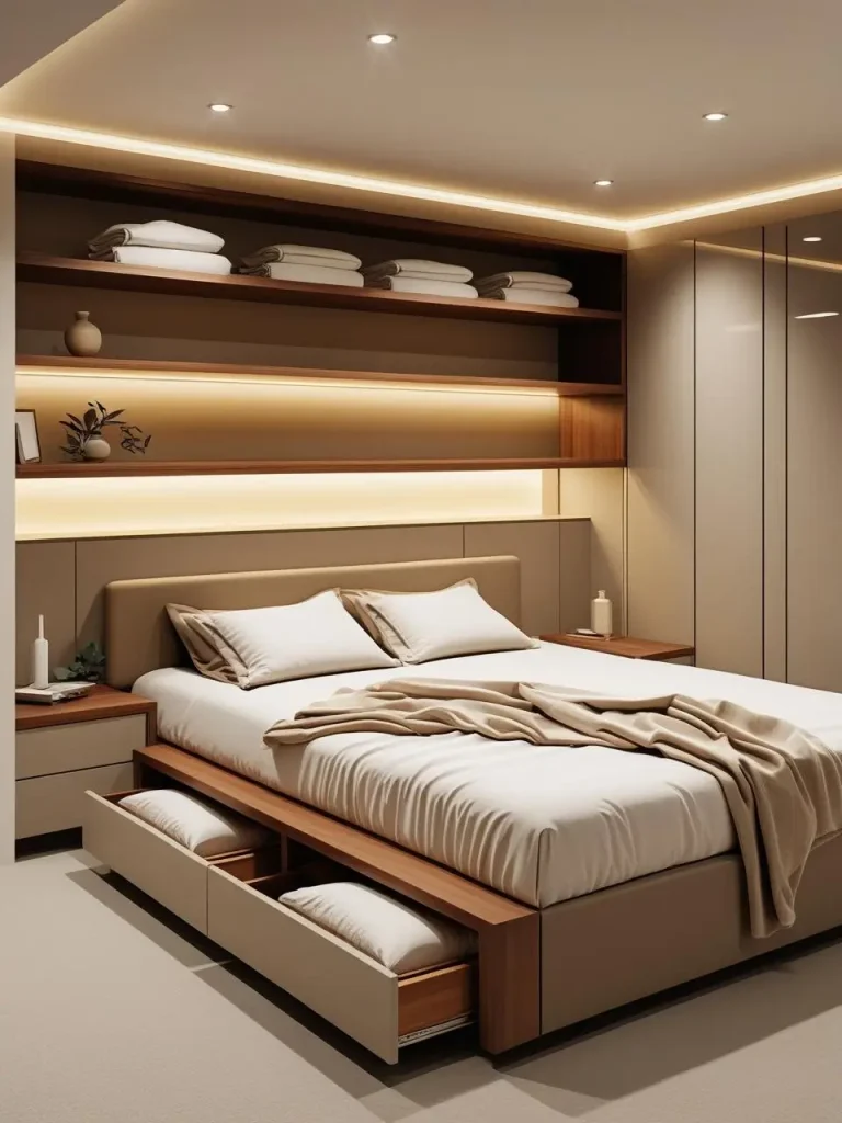 Modern basement bedroom with sleek floating shelves above a low-profile bed, under-bed storage drawers with neatly folded linens; minimal decor in warm tones; soft LED lighting accentuating the clean lines of built.