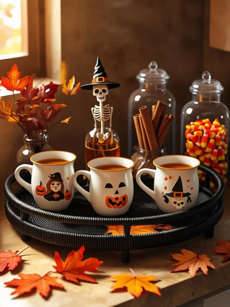 A warm-toned kitchen counter with a black rattan tray holding witch-themed mugs, glass jars of pumpkin spice syrup and cinnamon sticks, a jar of candy corn, and a small skeleton figurine wearing a pointed hat.