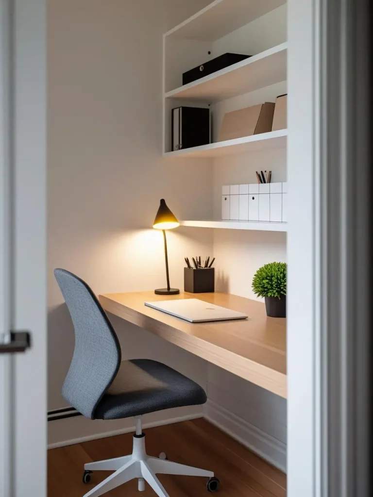 Minimalist basement home office corner with a sleek oak desk, ergonomic chair, desk lamp casting a focused warm light, open shelving with neatly organized stationery, a potted plant for freshness, and matte white.
