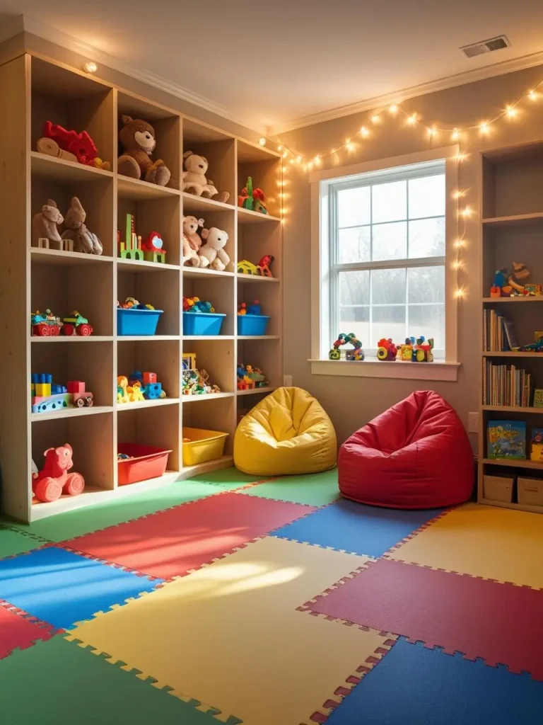 A cheerful basement playroom with colorful foam play mats, open cubby shelves filled with toys, a mini reading corner with beanbags, and string fairy lights along the wall. The space feels safe, vibrant.