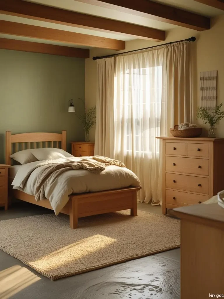 Basement bedroom walls painted in muted sage green and warm cream, paired with natural oak furniture; cozy linen bedding, soft area rug, and gentle warm light filtering through sheer curtains; peaceful, serene vibe.