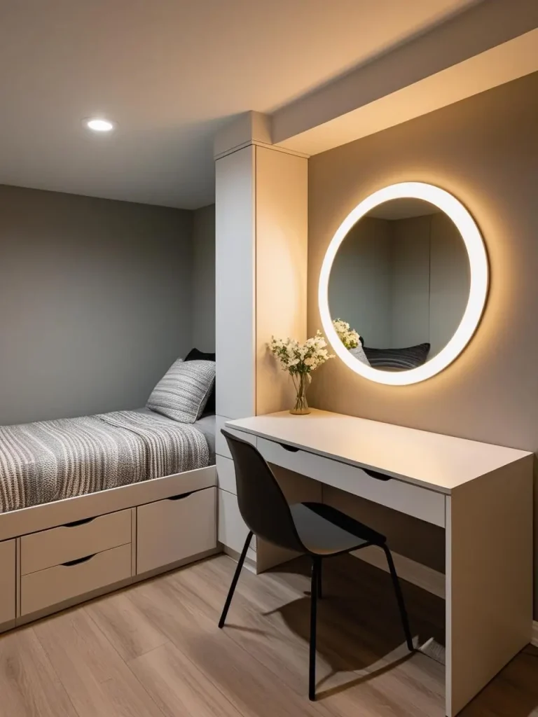 Compact basement bedroom with a space-saving bed frame featuring built-in storage drawers, a sleek writing desk doubling as a vanity with a round mirror above; modern minimalist decor, illuminated with warm white.