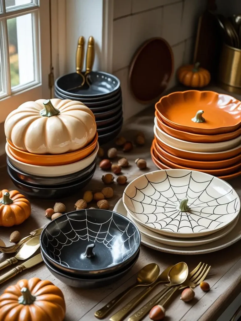 A farmhouse kitchen counter with neatly stacked pumpkin-shaped ceramic plates and black bowls patterned with delicate white cobwebs, accompanied by brass cutlery and a scattering of acorns, in bright natural light.