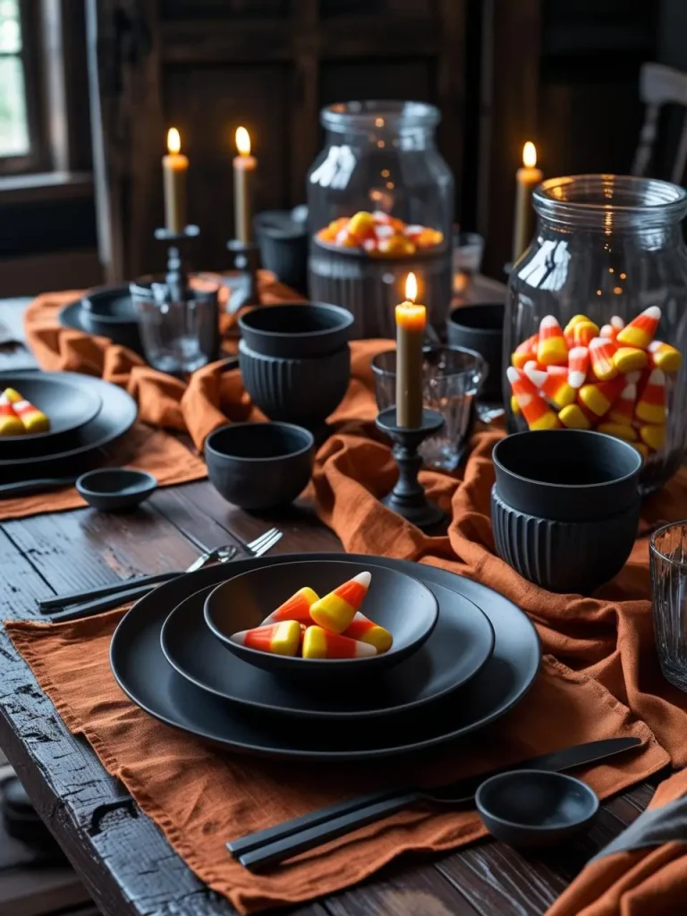A Halloween dining setup with burnt-orange linen placemats, matte black ceramic bowls, smoky glass goblets, and clear jars filled with candy corn, arranged on a distressed wooden table with flickering candlelight.