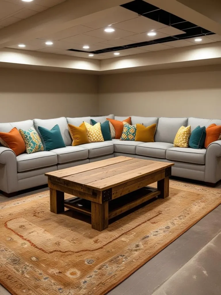 Open basement lounge with a massive U-shaped sectional sofa in soft gray fabric, piled high with patterned throw pillows, a rustic wooden coffee table at the center, textured area rug, and ambient ceiling lighting.